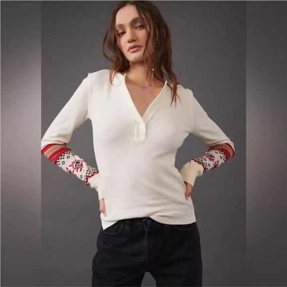 Free People Mikah Layering Cuff Thermal Top in Cream Combo Size Small - Picture 1 of 7